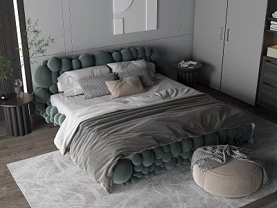 Green Tufted Double Bed With Gray Beige Pillows Gray Blanket Nightstands And Round Ottoman 3d model