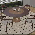 Round Wooden Dining Table Set With Four Gray Cushioned Chairs And Black White Checkered Rug