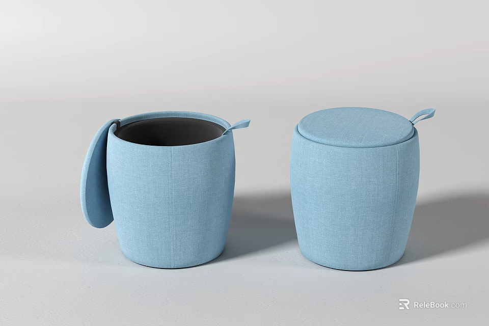 Two Blue Storage Ottoman Stools With Lid Open And Closed Design 3d model 