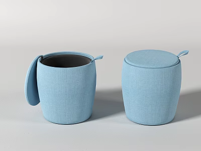 Two Blue Storage Ottoman Stools With Lid Open And Closed Design 3d model