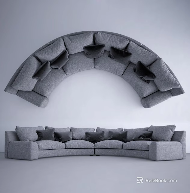 Gray Irregular Shaped Sofa With Curved Modular Structure And Plush Cushions 3d model