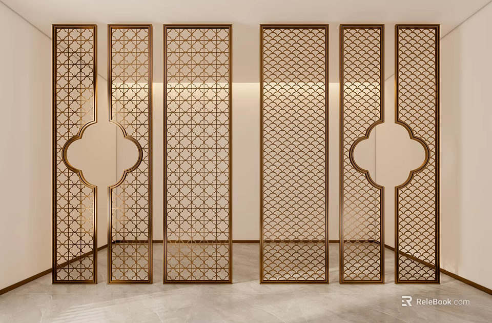 Elegant Golden Metal Room Divider With Intricate Geometric Patterns For Interior Decor 3d model 