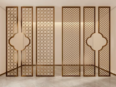 Elegant Golden Metal Room Divider With Intricate Geometric Patterns For Interior Decor 3d model