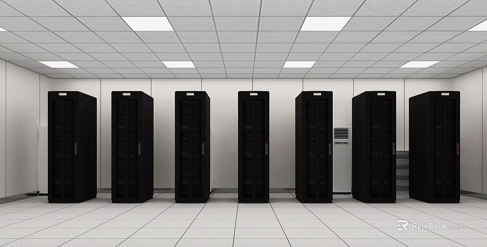 Black Server Racks Arranged In White Room With Ceiling Lights And White Tiles 3d model 