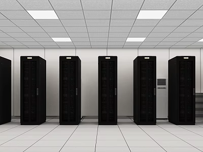 Black Server Racks Arranged In White Room With Ceiling Lights And White Tiles 3d model
