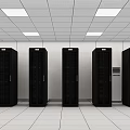 Black Server Racks Arranged In White Room With Ceiling Lights And White Tiles