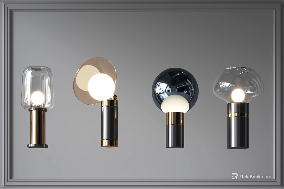 Modern Table Lamps With Round Glass Shades And Gold And Black Metal Bases 3d model 