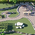 Rural Landscape Featuring Winding Stone Pathways Lush Lawn Stone Walls Wooden Tables And White Umbrella