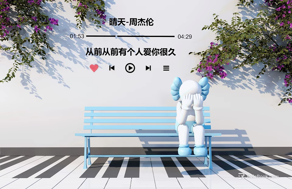 Kaws Figure On Blue Bench With Purple Vines White Wall And Piano Key Floor 3d model 
