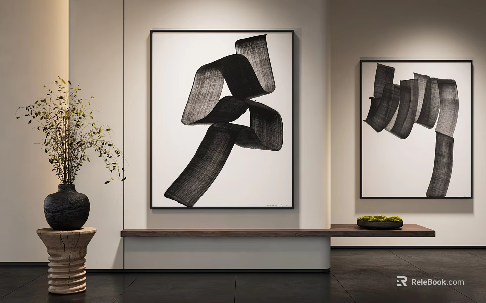 Minimalist Interior With Abstract Black And White Artworks Vase And Wooden Bench 3d model 