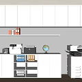 Office Workspace Interior With White Cabinets Open Shelves Globe Printer And Folders 3d model