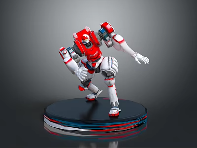 Smart Robot Featuring Red And White Mechanical Design On Black Display Base 3d model