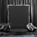 Black Display Podium With Frame And Decorative Rocks On Curtain Backdrop 3d model