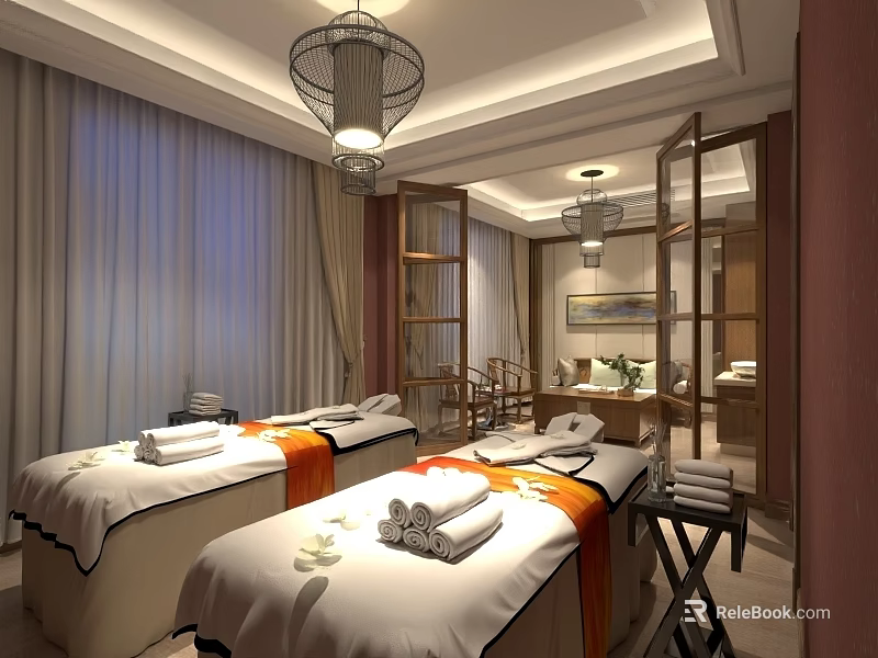 Luxurious SPA Room With Massage Beds White Sheets Orange Accents And Neatly Folded Towels 3d model 