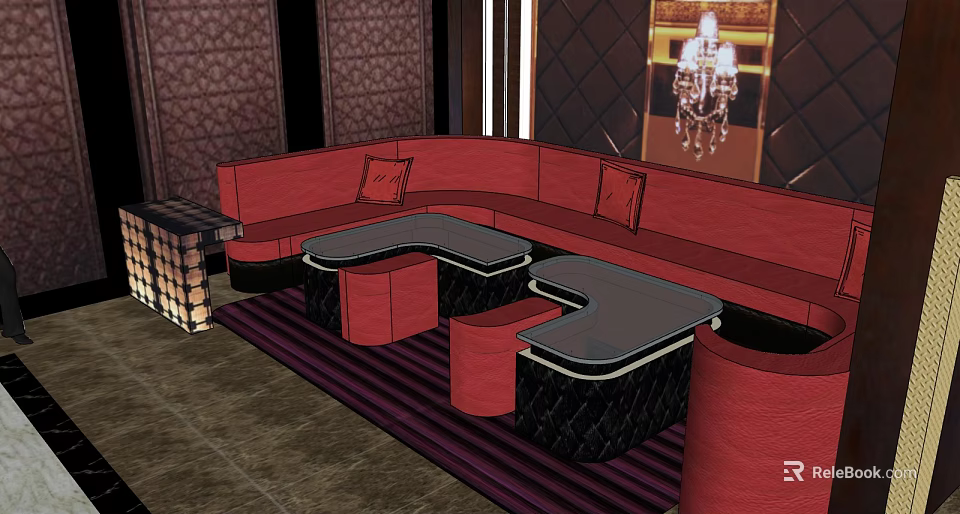 Luxury Red Leather Sofa And Black Coffee Table Combination With Decorative Walls And Chandelier 3d model 