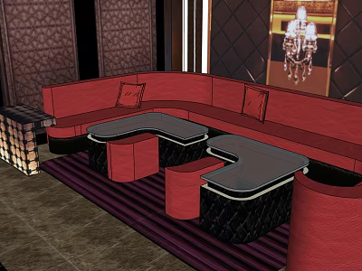 Luxury Red Leather Sofa And Black Coffee Table Combination With Decorative Walls And Chandelier 3d model