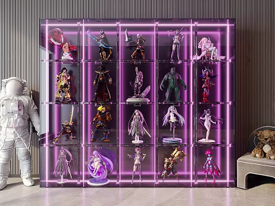 Transparent Display Cabinet With Purple LED Lighting And Action Figure Collection 3d model