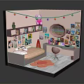 Cartoon Room Scene With Colorful String Lights Pink Stuffed Toy Posters Mirror Bed And Desk