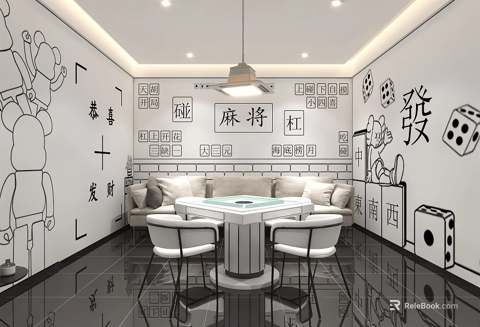 Hotel Mahjong Room with Traditional Mahjong Elements Wall Decorations and Leisure Furniture 3d model 