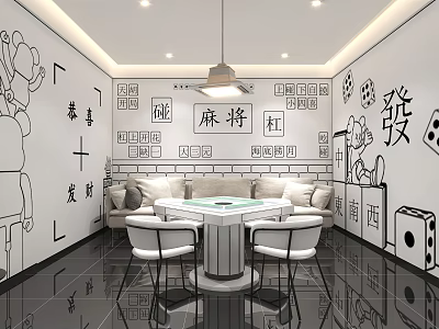 Hotel Mahjong Room with Traditional Mahjong Elements Wall Decorations and Leisure Furniture 3d model
