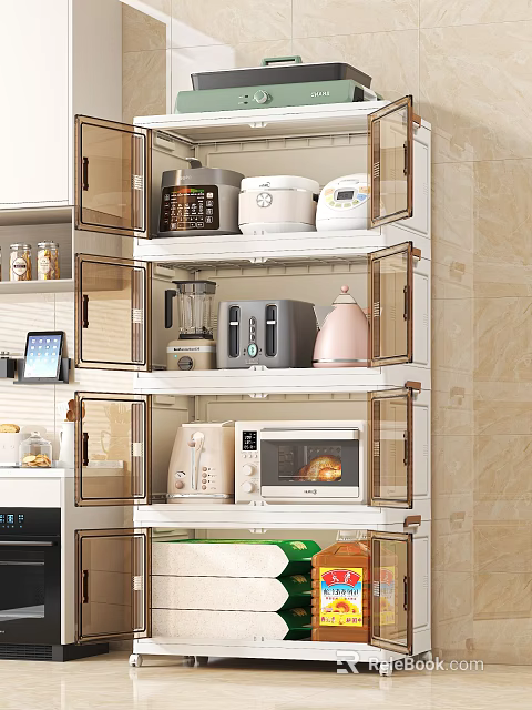 Glass Door Kitchen Cabinets Organized With Tiered Storage For Small Appliances 3d model 