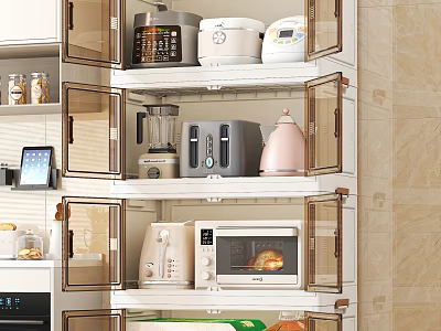 Glass Door Kitchen Cabinets Organized With Tiered Storage For Small Appliances 3d model
