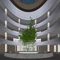 Modern Reception Area In Multi Level Circular Lobby With Central Green Plant And Skylight