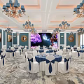 Elegant Banquet Hall Featuring Ornate Chandeliers Arranged Tables Decorative Paintings And Large Screen