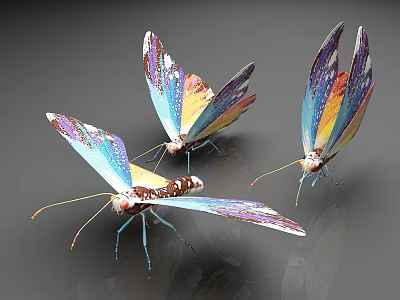 Three Colorful Butterflies With Vibrant Blue Purple Yellow Wings On Gray Background 3d model