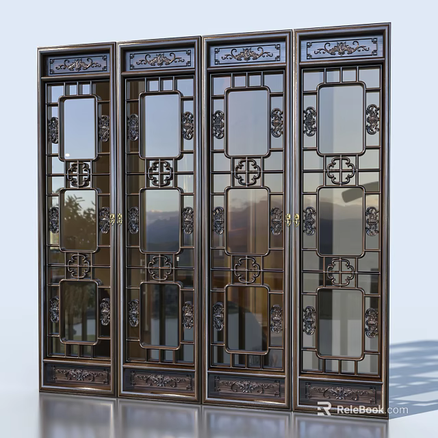 Traditional Chinese Carved Doors With Intricate Metal Frames And Glass Panels 3d model 