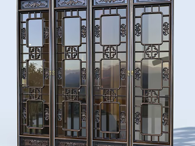 Traditional Chinese Carved Doors With Intricate Metal Frames And Glass Panels 3d model