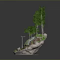Cartoon Scenic Island Scene With Greenhouse Trees Solar Panels And Pathway Rocks