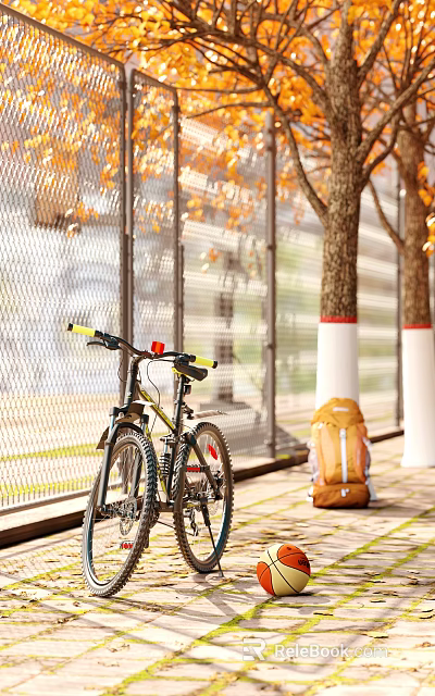 Outdoor Autumn Scene With Bicycle And Backpack Near Trees And Fence On Sidewalk 3d model 