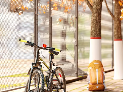 Outdoor Autumn Scene With Bicycle And Backpack Near Trees And Fence On Sidewalk 3d model