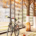Outdoor Autumn Scene With Bicycle And Backpack Near Trees And Fence On Sidewalk