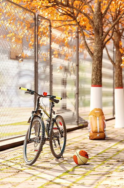 Outdoor Autumn Scene With Bicycle And Backpack Near Trees And Fence On Sidewalk 3d model