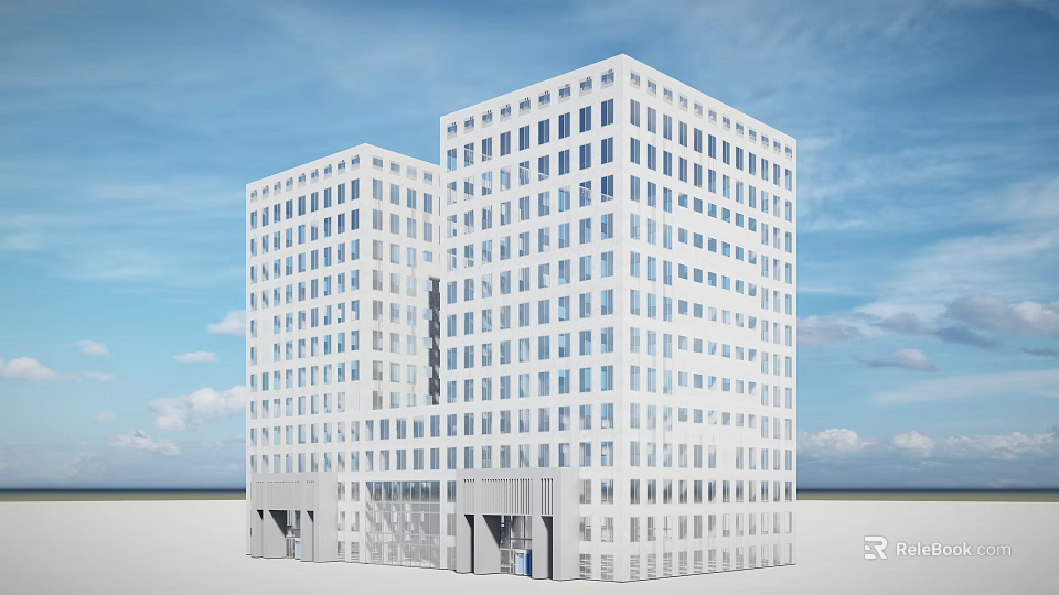 Modern White Office Building With Glass Facade And High Rise Design 3d model 
