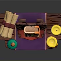 Decorative Household Items With Scrolls Bottles Candles And Gem Frame On Purple Cloth