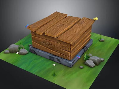 Wooden Box Shaped Architectural Structure 3D Model on Green Grass with Stones and Small Decorations 3d model