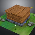 Wooden Box Shaped Architectural Structure 3D Model on Green Grass with Stones and Small Decorations