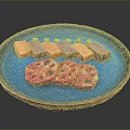 Salmon Slices On Blue Plate With Purple Food Cubes Pink Lotus Root And White Sprinkles
