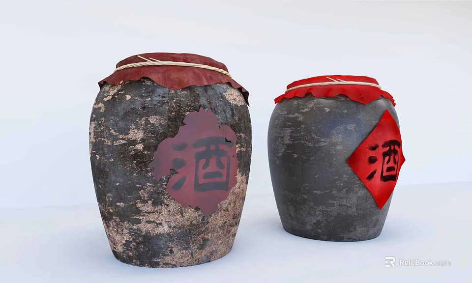 Two Textured Dark Ceramic Wine Jars With Red Cloth Covers And Chinese Character For Wine 3d model 