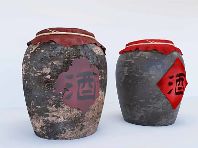 Two Textured Dark Ceramic Wine Jars With Red Cloth Covers And Chinese Character For Wine 3d model