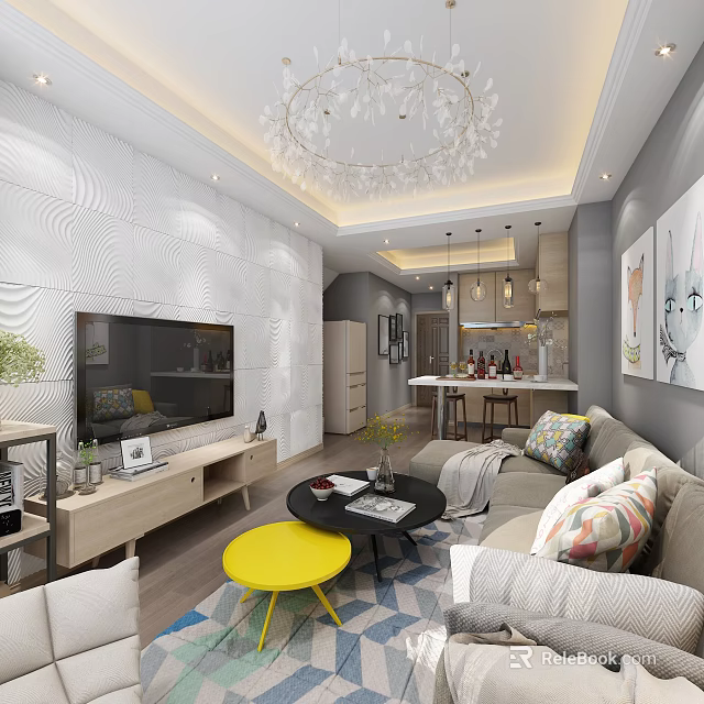 Modern Living and Dining Room Interior With White Wall TV Sofa Yellow Coffee Table Chandelier 3d model 