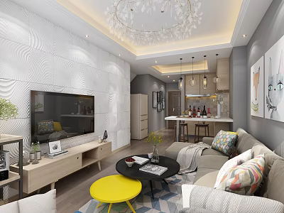 Modern Living and Dining Room Interior With White Wall TV Sofa Yellow Coffee Table Chandelier 3d model