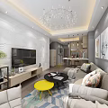 Modern Living and Dining Room Interior With White Wall TV Sofa Yellow Coffee Table Chandelier