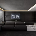 Modern Living Room Interior With Dark Sofa Marble Coffee Table And Large Windows Blinds