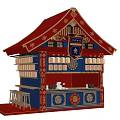 Traditional Style Commercial Food Kiosk With Red Roof Decorative Patterns Food Sign And Counter Stools