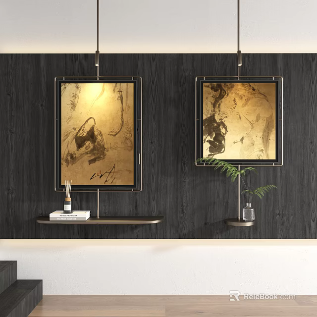 Modern Abstract Paintings With Golden Frames Hanging On Dark Wooden Wall With Shelf And Plant 3d model 