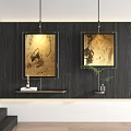 Modern Abstract Paintings With Golden Frames Hanging On Dark Wooden Wall With Shelf And Plant